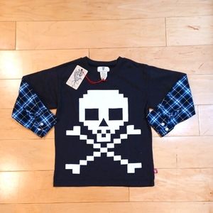 NWT Wes & Willy Boys'  Black Long Sleeve Pixilated Skull Top Size 4J